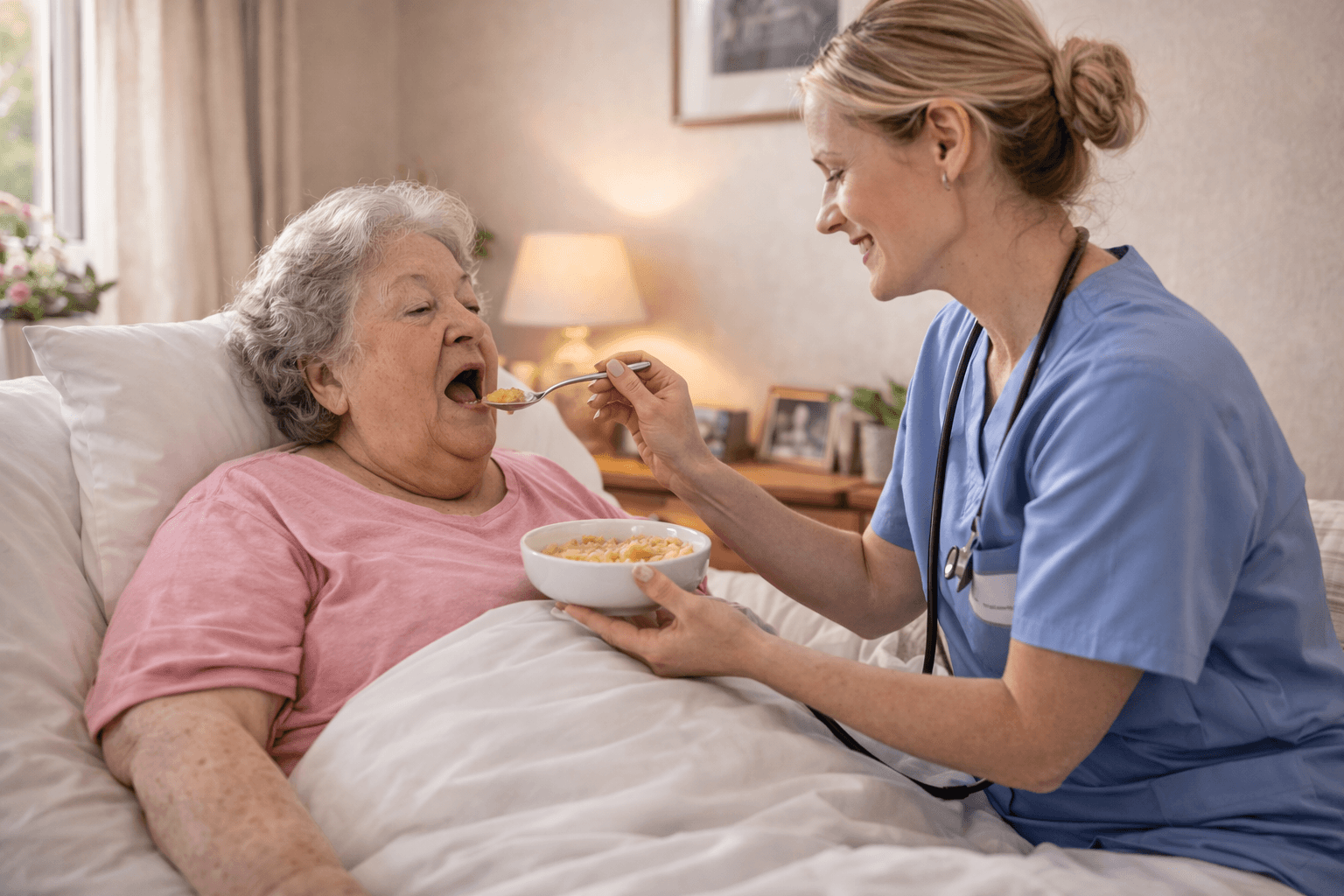 Pflegekraft unterstuetzt beim Essen